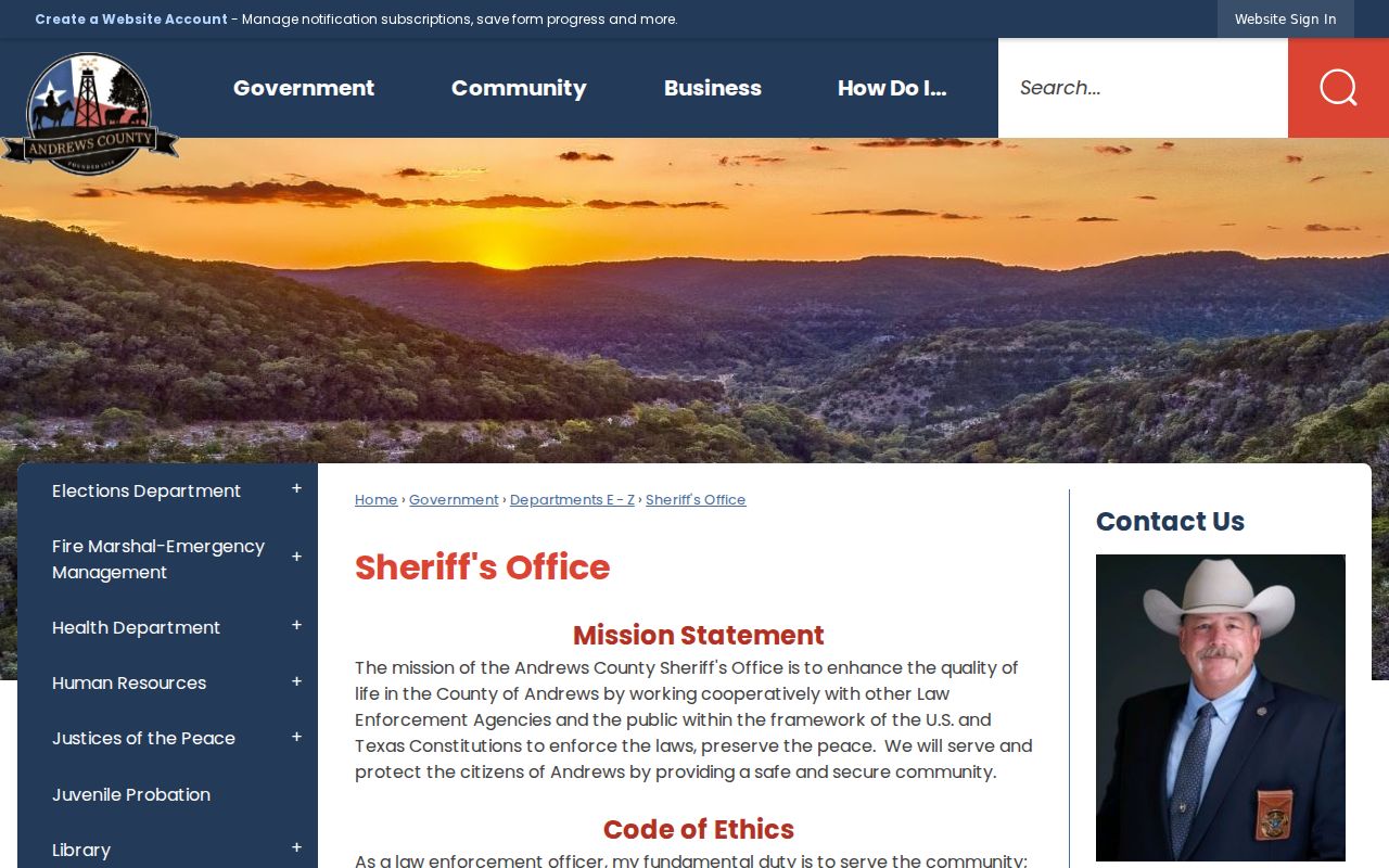 Andrews County Sheriff's Office page with jail search and records links