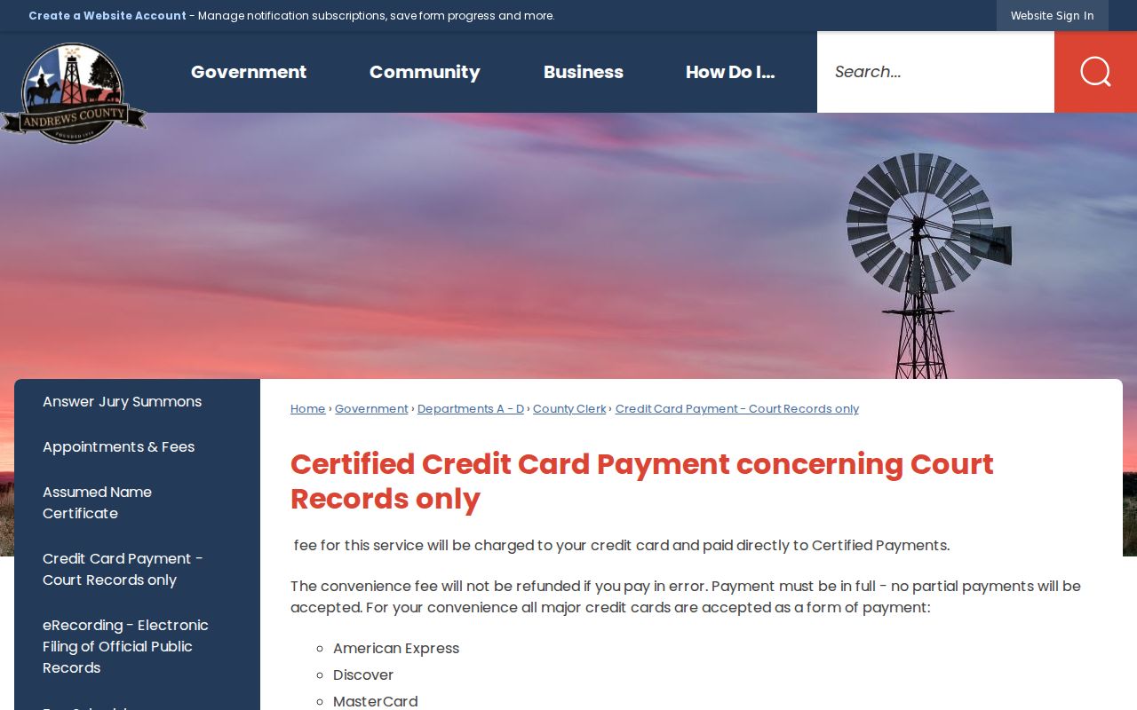 Andrews County Clerk case request and payment instructions