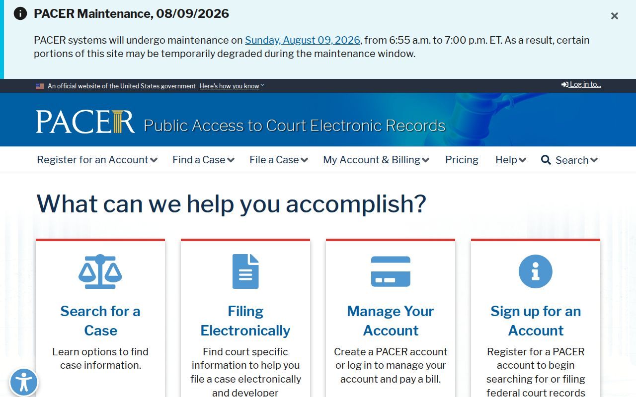 PACER federal court docket and document access page
