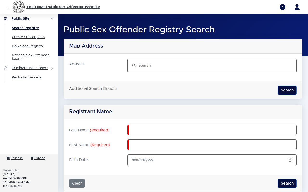 Andrews County sex offender registry profile field layout