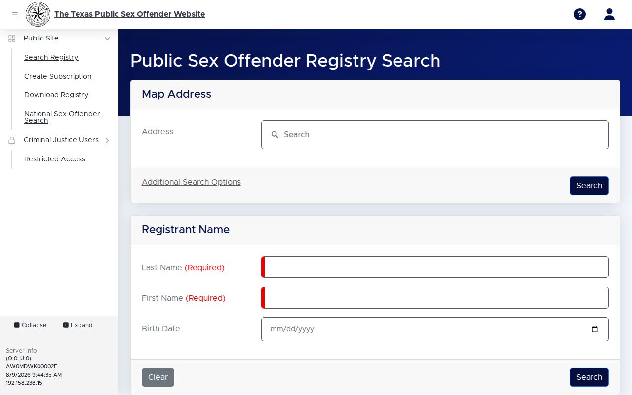Andrews County sex offender registry search form from Texas DPS